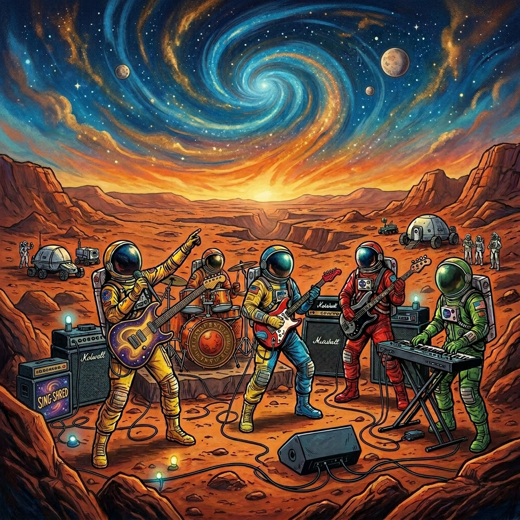 Astronauts playing rock band instruments on Mars with swirling galaxy sky