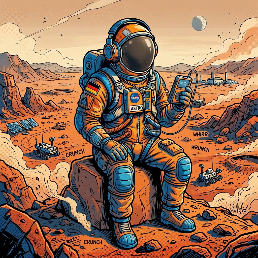 Astronaut on Mars holding a data tablet with rovers and a research station in the background
